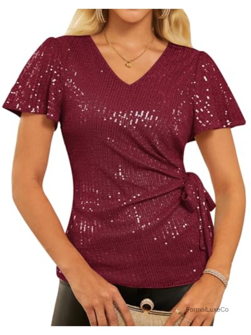 Sequin Ruffle Sleeve V-Neck Blouse Sparkly Party Top